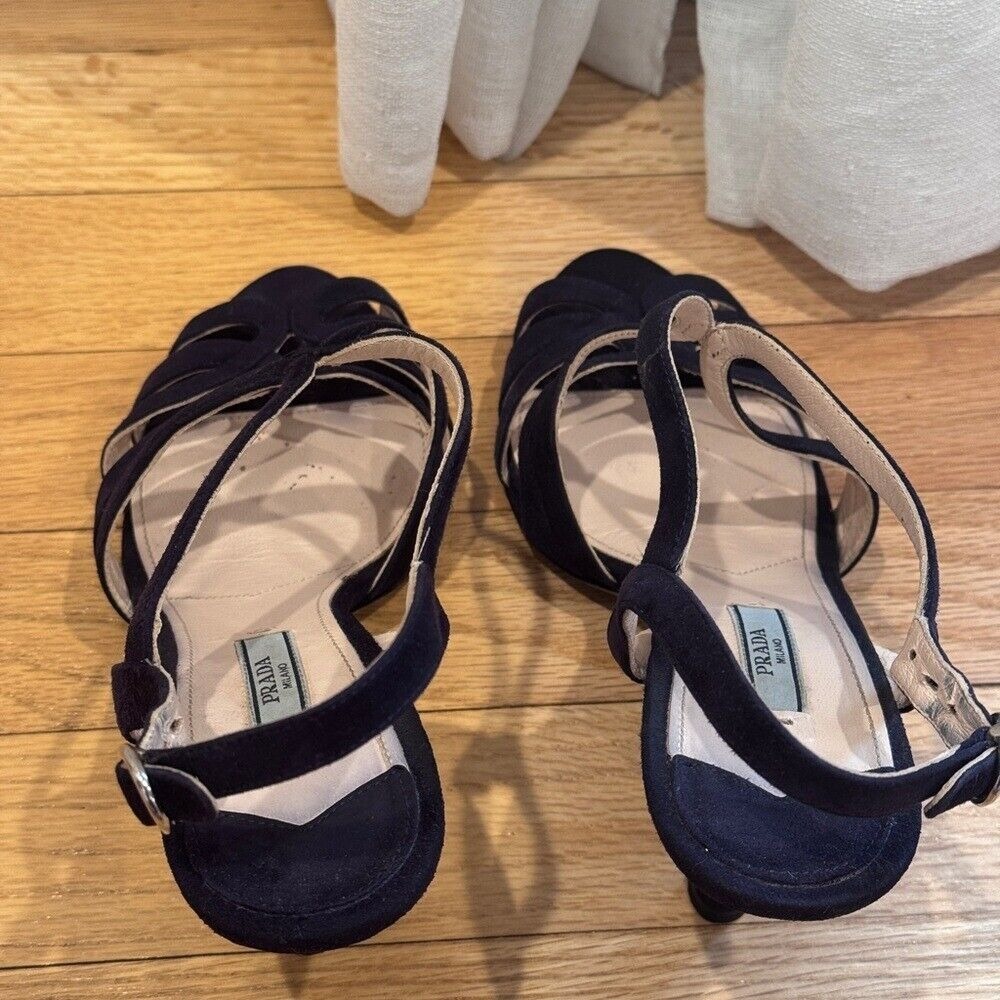 Prada‎  Navy Blue Suede Strappy Cut out Heel Sandal Size 37 - Picture 4 of 8